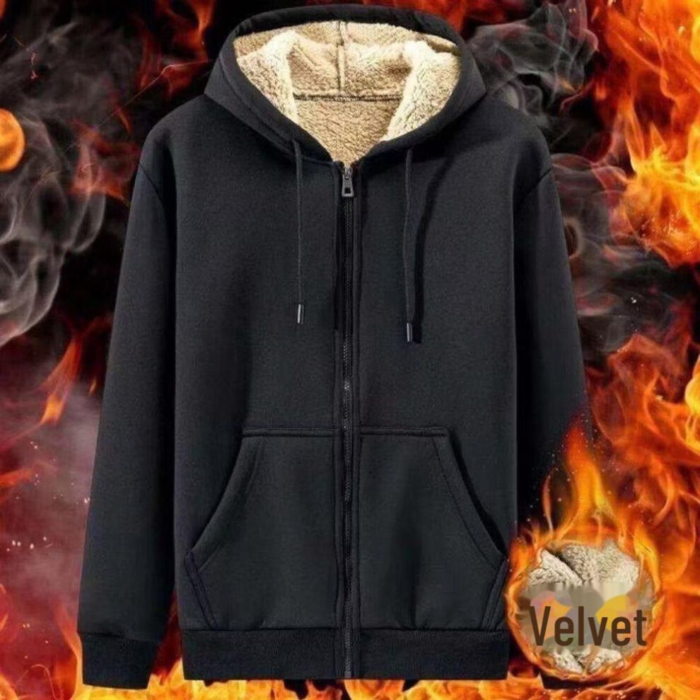 (black, 5XL) Men's Lambskin Hooded Sweatshirt - Winter Style Thickened Fleece Jacket
