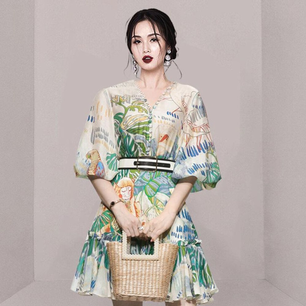 (Extra Large) "2024 Retro Lantern Sleeve Print Dress - Elegant Women's Fashion