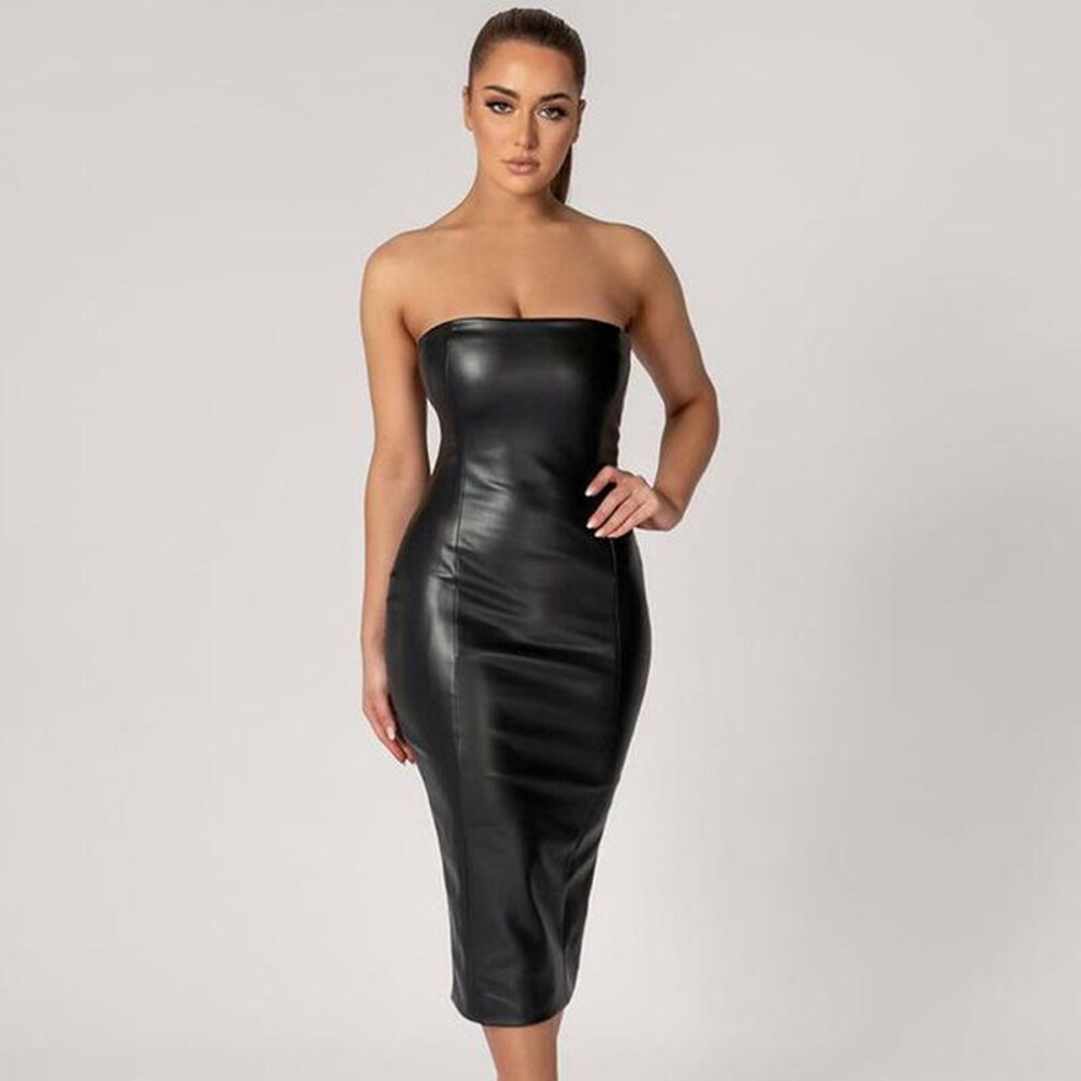 (black, XL) "2023 Summer Sexy One-Shoulder Slit PU Bodycon Dress for Women