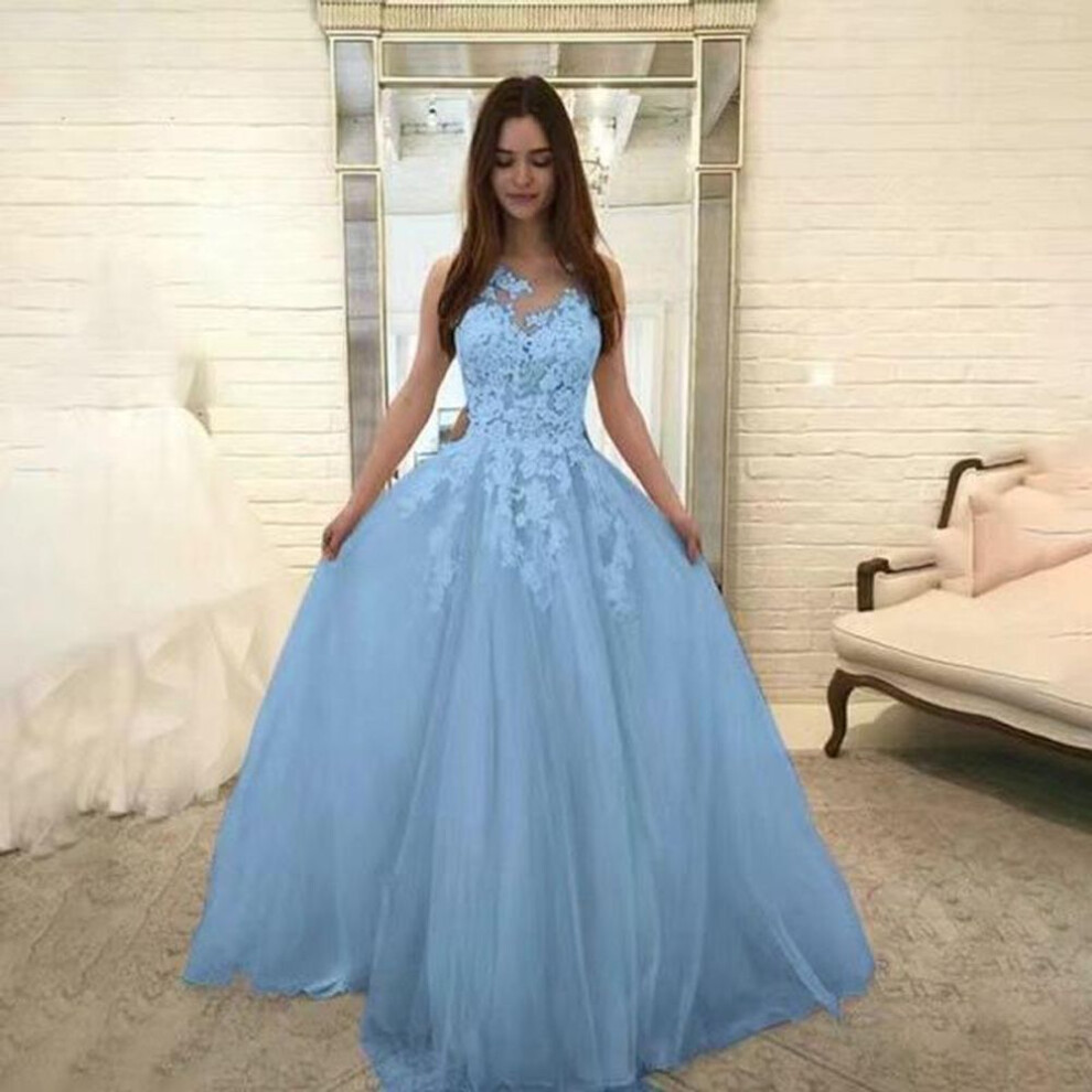 (blue, XL) "2025 Elegant Sleeveless Lace Dress: European & American Sexy Long Puff Skirt Wedding Attire