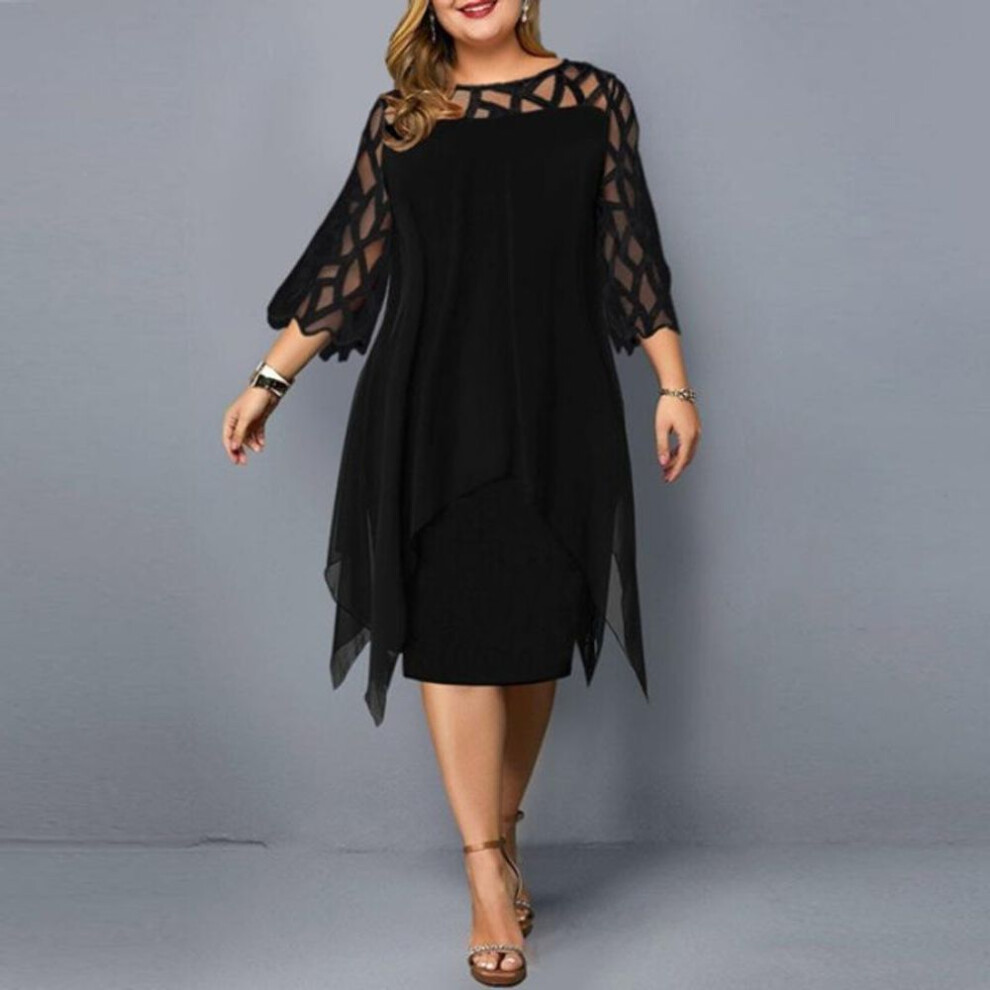 (black, 2XL) European & American Plus-Size Women's Lace Stitching 3/4 Sleeve Chiffon Dress with Irregular Hem