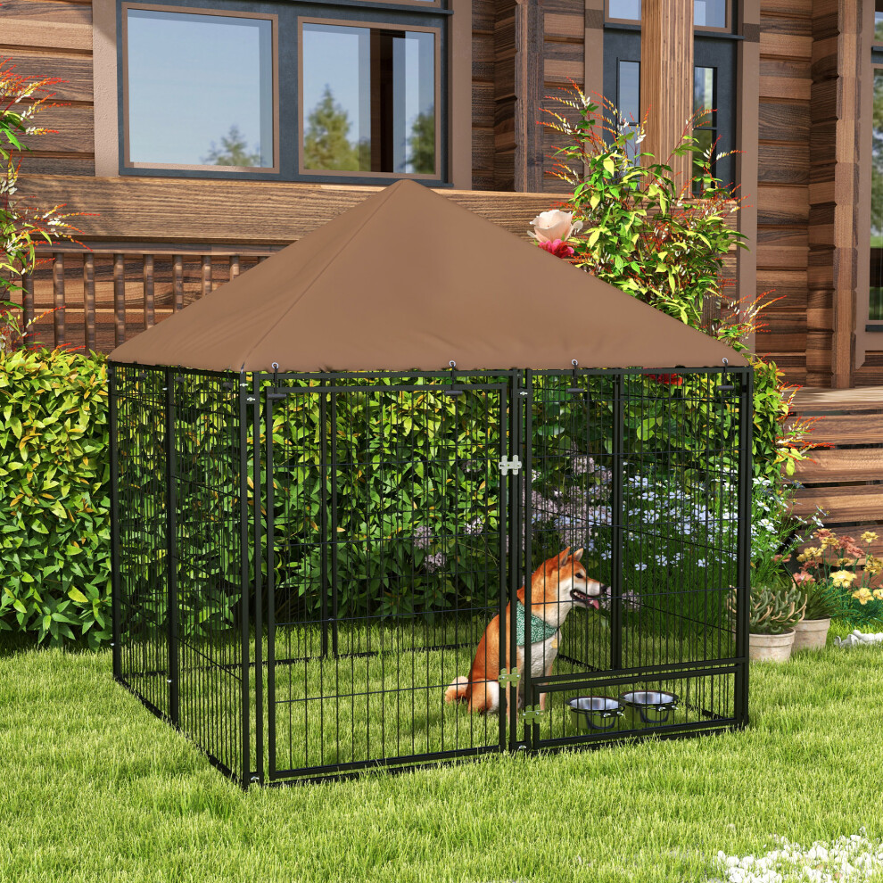 Pawhut Unisex Brown Outdoor Dog House Kennel With Canopy Top & Lock Rotating Bowl Holder In - Image 6