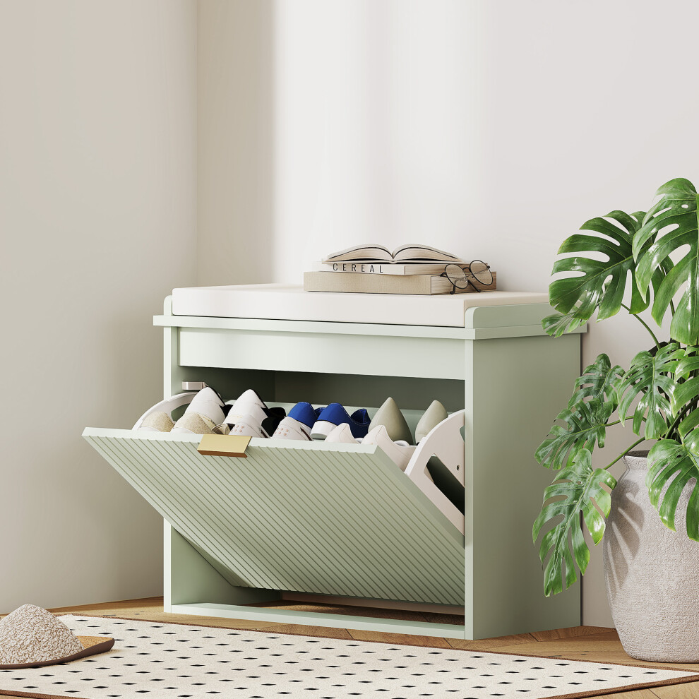 Homcom Green Shoe Storage Bench With Cushion And Flip-Drawer, 62X26x47.5 Cm, 120 Kg Capacity, 837-559V70gn