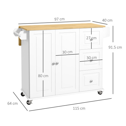 Homcom HOMCOM Kitchen Island on Wheels, Kitchen Cart with Drop Leaf, White 2