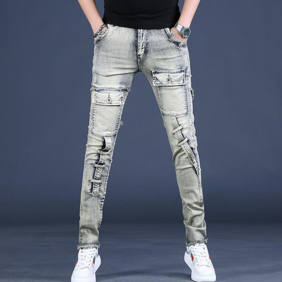 (Size 33 (145-155 lbs)) Men's Retro Slim Fit Heavy Washed Workwear Jeans - Spring/autumn Style With Scraped Edge.