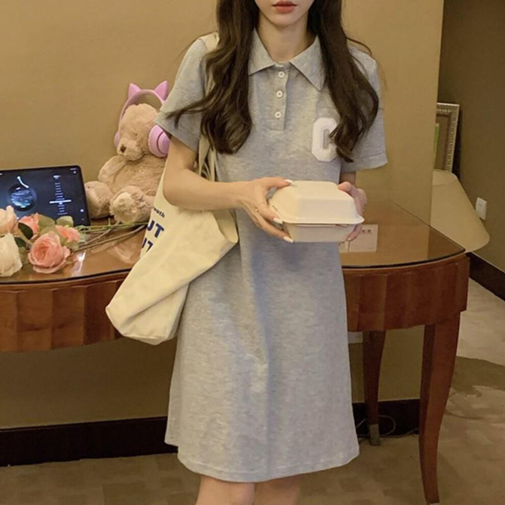 (gray, L) Summer 2023 Purple Polo Collar A-Line Dress - Women's Short-Sleeve Slim Academic Style