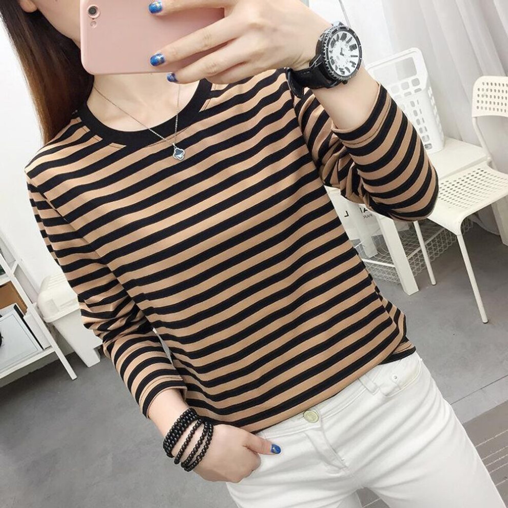(camel, 5XL (181-200 lbs)) "Women's Striped Long-Sleeve T-Shirt for Spring & Fall - Loose Fit for Middle-Aged & Elderly Moms