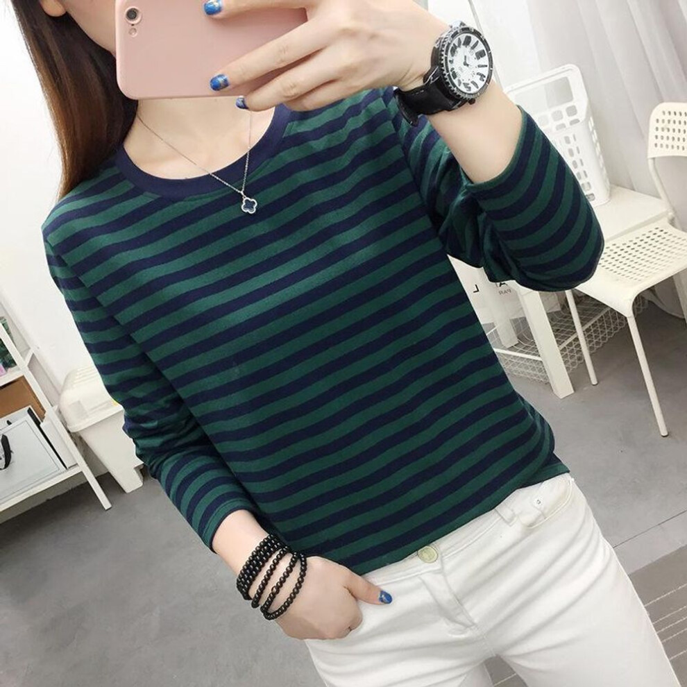 (dark green, 5XL (181-200 lbs)) "Women's Striped Long-Sleeve T-Shirt for Spring & Fall - Loose Fit for Middle-Aged & Elderly Moms