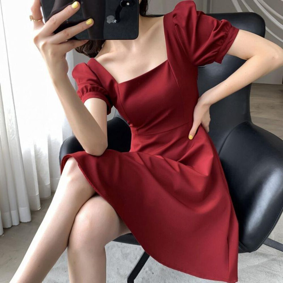 (red, M) "hepburn-style One-shoulder Over-knee Black Tea Dress For Summer 2025