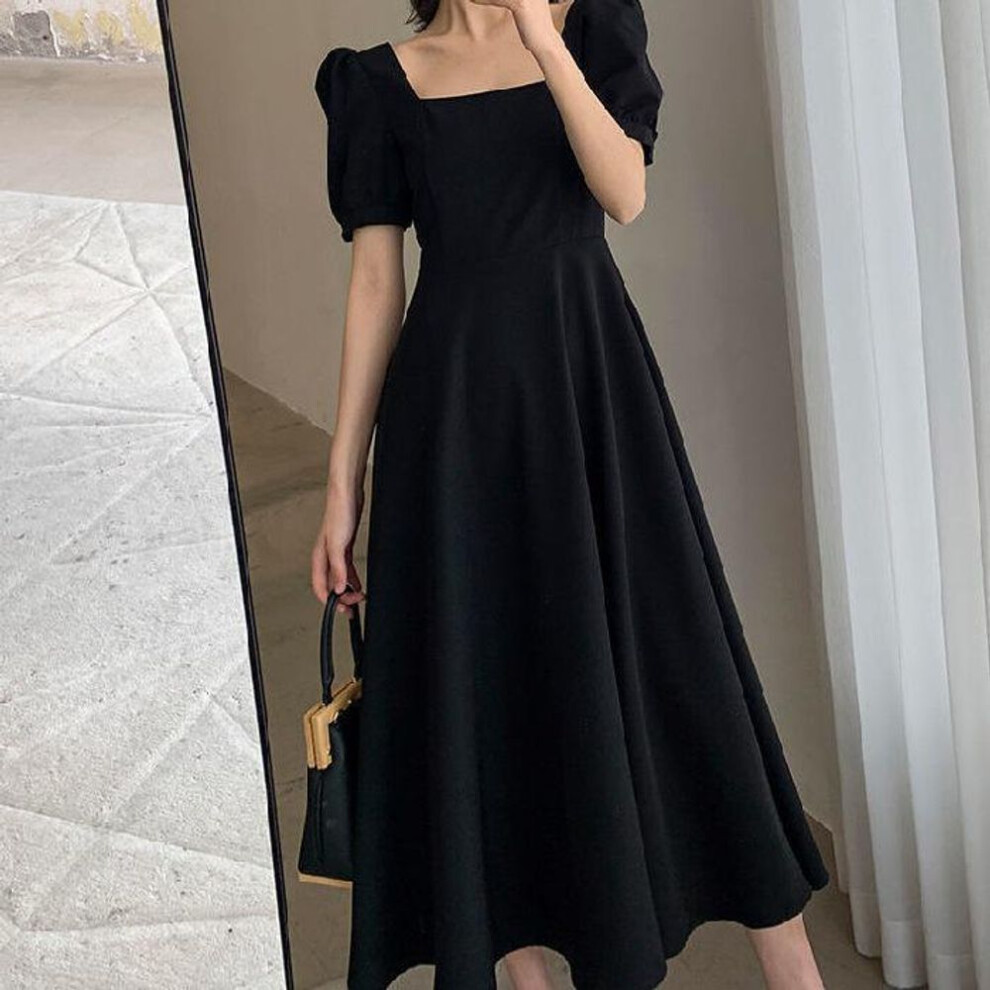 (black, S) "hepburn-style One-shoulder Over-knee Black Tea Dress For Summer 2025