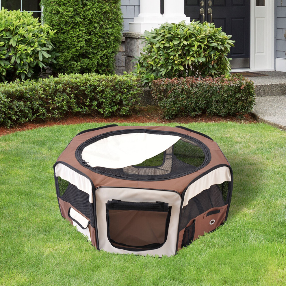Pawhut Brown Fabric Pet Puppy Dog Cat Rabbit Pig Guinea Playpen Play Pen Run Dia90 X 41H Cm And Cream | Aosom Uk - Image 4
