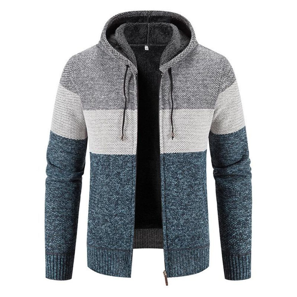 (blue,gray, Extra Large) Thick Velvet Hooded Youth Men's Loose Warm Knitted Zipper Cardigan Sweater For Autumn And Winter
