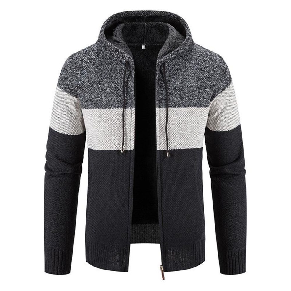 (navy blue, Extra Large) Thick Velvet Hooded Youth Men's Loose Warm Knitted Zipper Cardigan Sweater For Autumn And Winter