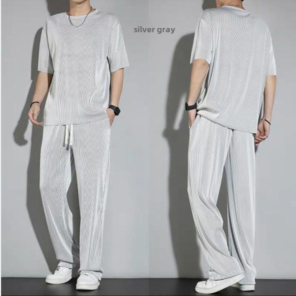 (gray, XL) "2023 Men's Ice Silk Summer Sports Suit: Quick-Dry Short-Sleeve Shirt & Trousers