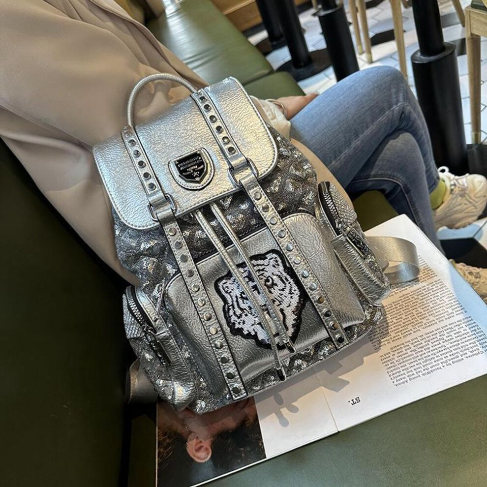 (silver) "2023 Women's British Style Sequined Drawstring Soft Leather Backpack - Versatile & Fashionable Travel Bag