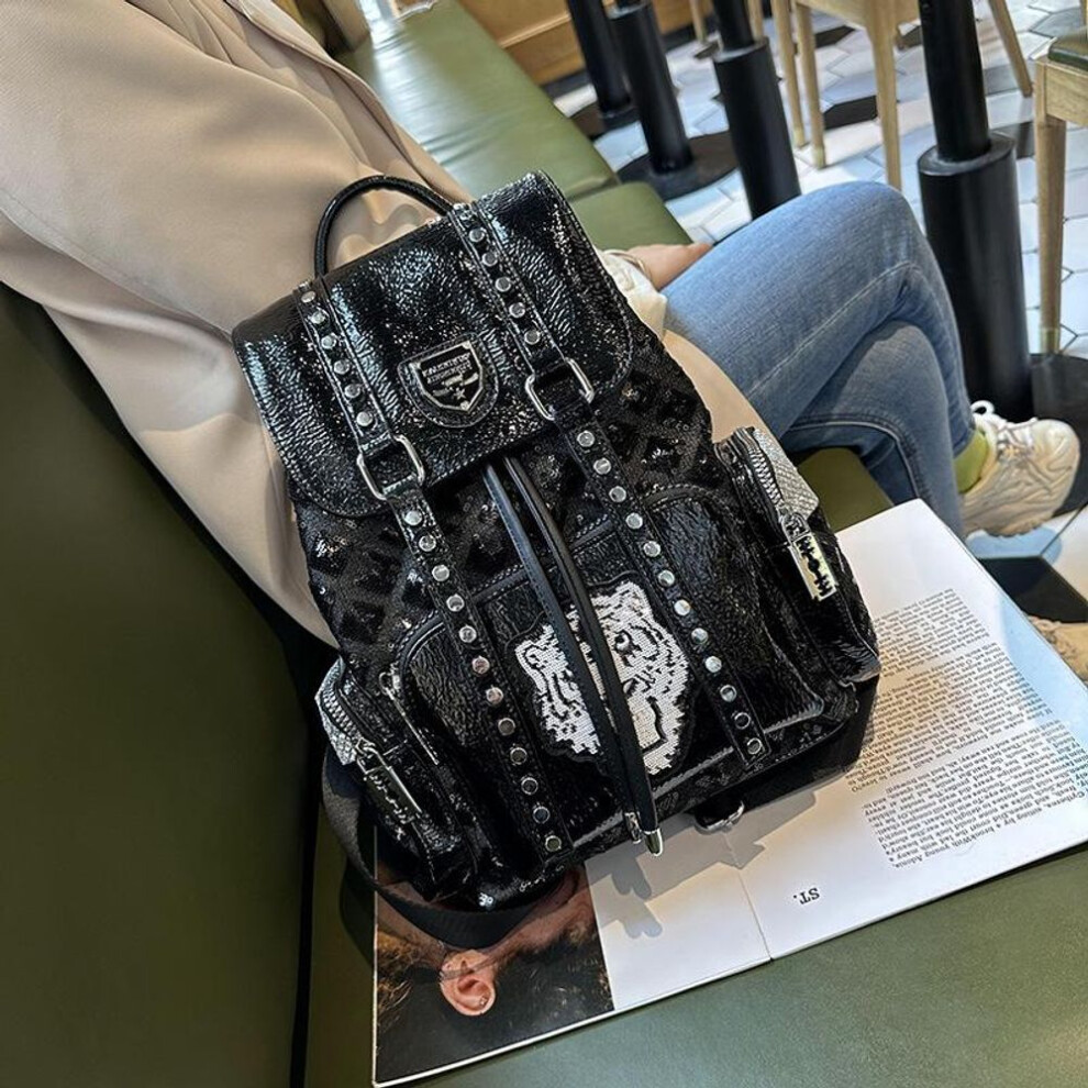 (black) "2023 Women's British Style Sequined Drawstring Soft Leather Backpack - Versatile & Fashionable Travel Bag