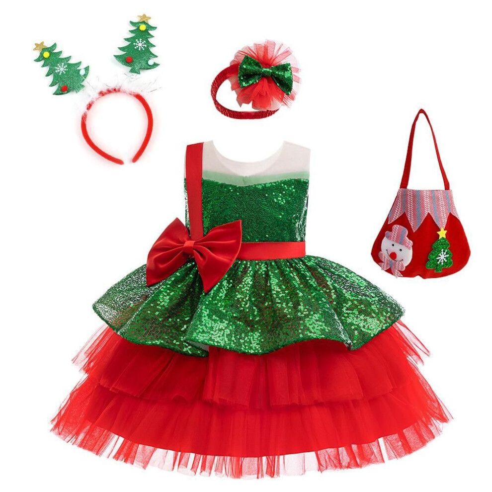 (110cm / 4 Years) "sequined Mesh Princess Christmas Party Dress For Girls With Bow Accents