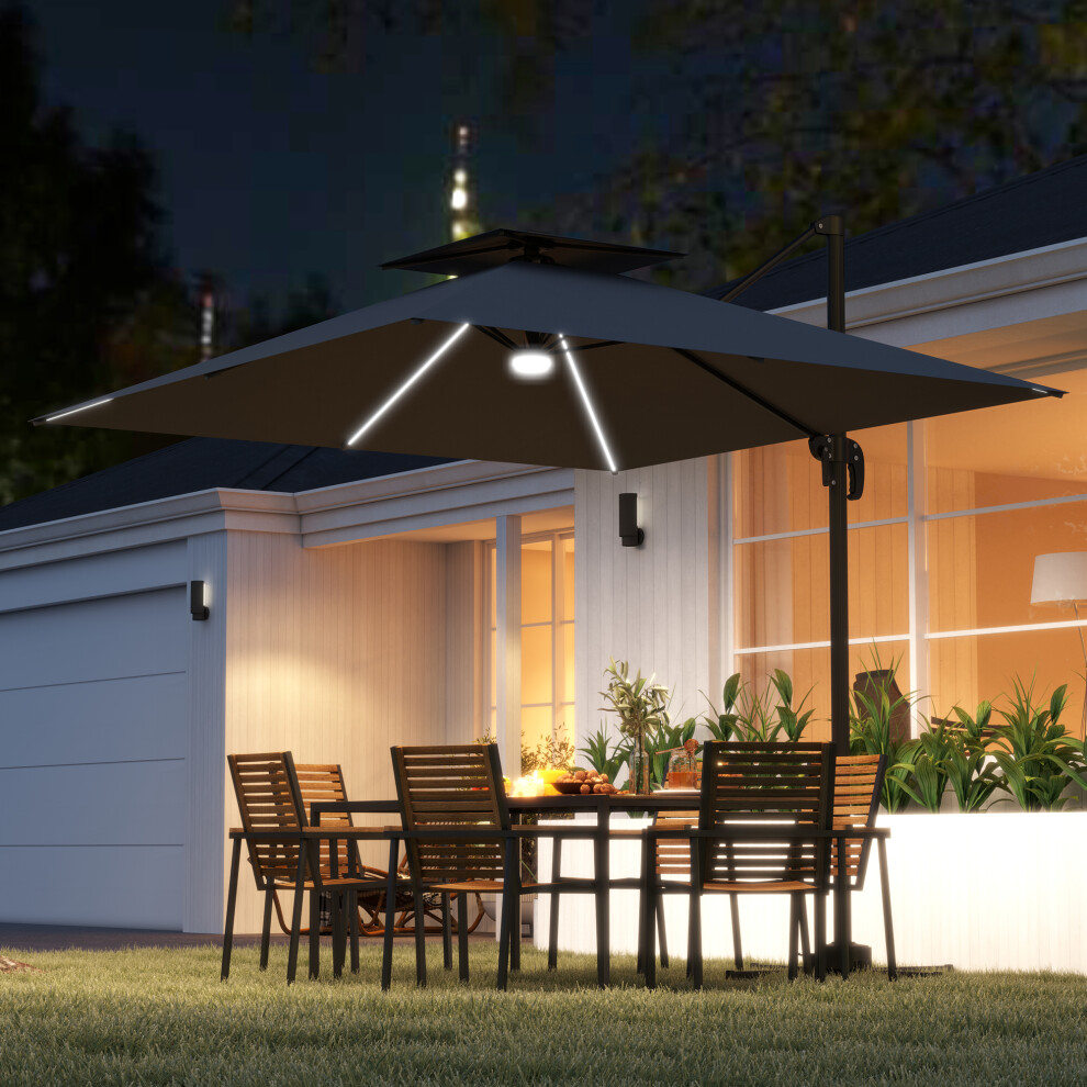 Outsunny 2.5m Cantilever Parasol, Garden Parasol with Lights, Dark Grey