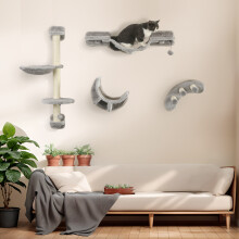 PawHut 4 Piece Cat Wall Furniture Hammock Ladder Steps Plush Sisal Grey