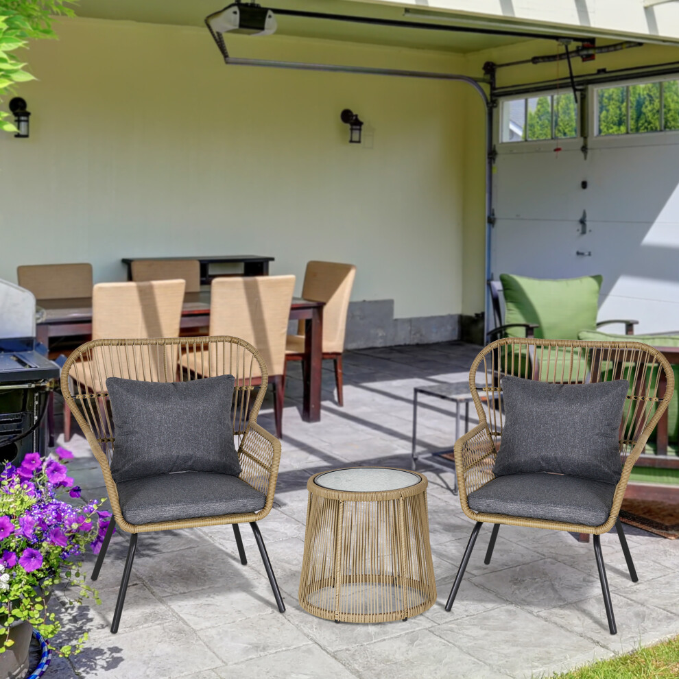 Outsunny 3 PCS Webbed PE Rattan Outdoor Patio Set w/ Cushions Steel Frame Brown