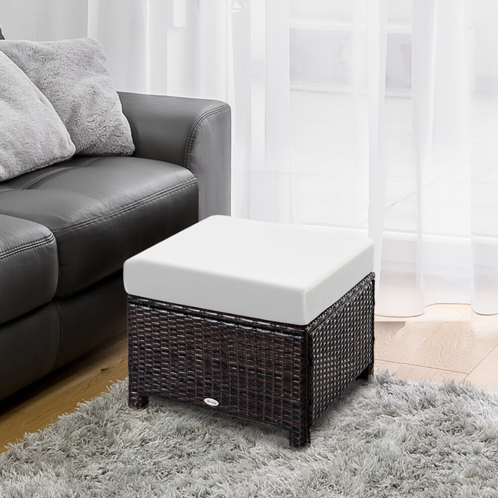 Outsunny Rattan Footstool Wicker Ottoman W/ Padded Seat For Backyard Garden Brown
