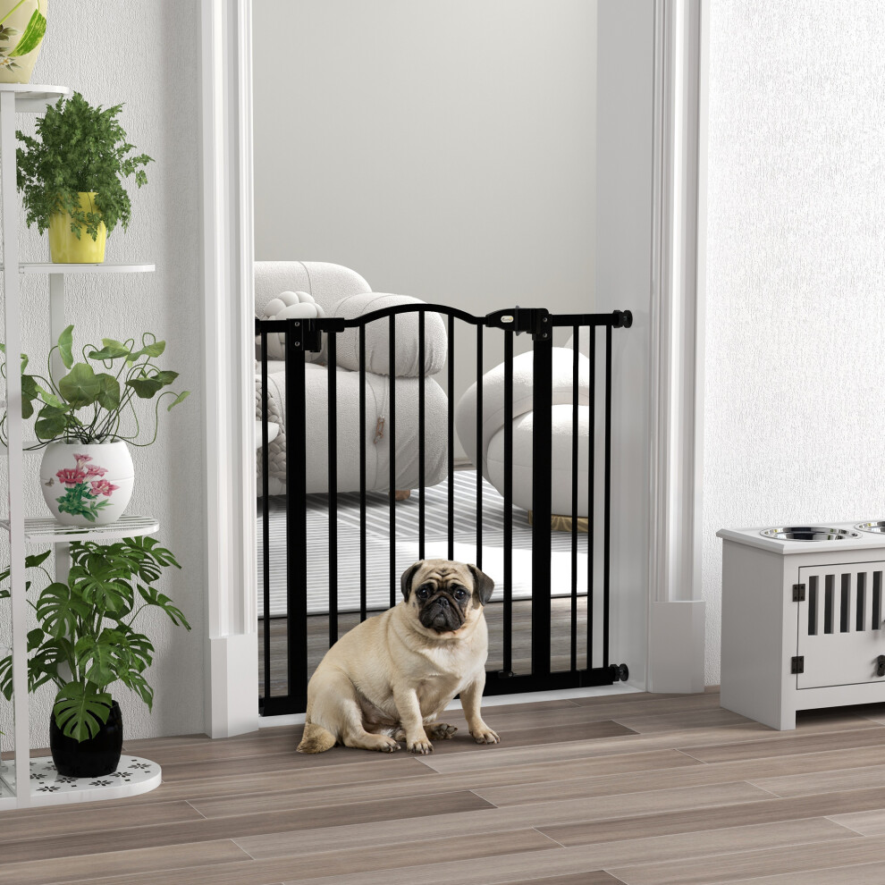 Pawhut 74-87Cm Adjustable Metal Pet Gate With Auto-Close, Double Locking & Two-Way Opening, Black