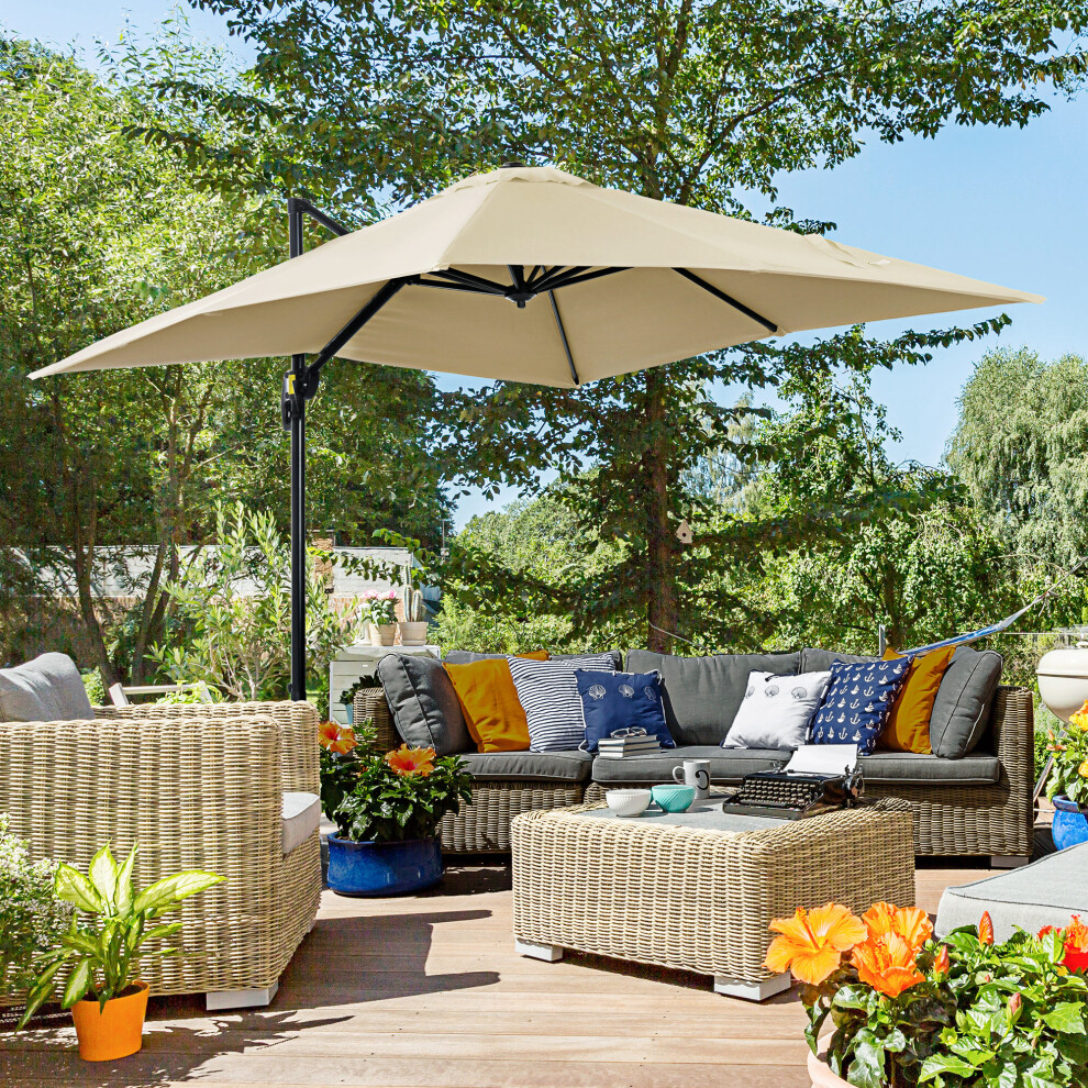 Outsunny Square Cantilever Roma Parasol, 360-Degree Rotation, Cream White