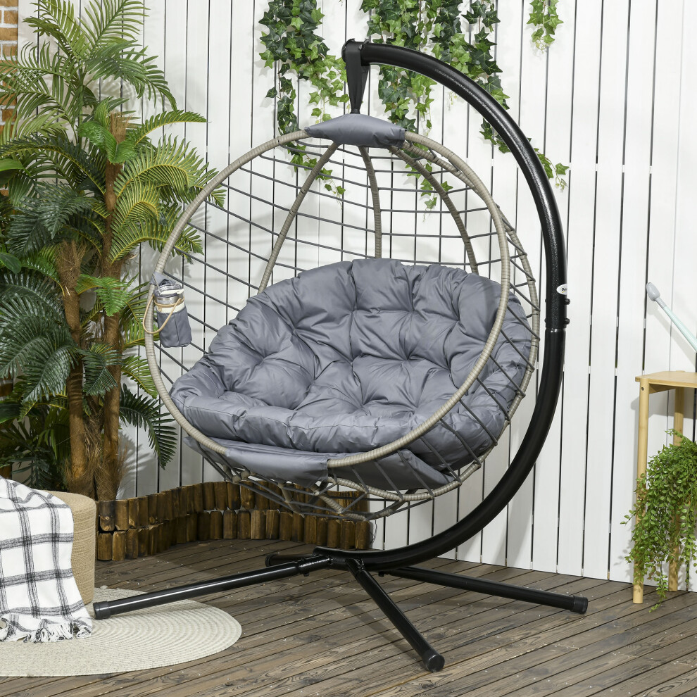 Outsunny Pe Rattan Hanging Swing Chair W/ Stand & Cup Holder, Grey