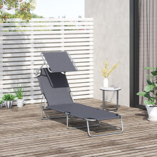 Outsunny Folding Chair Sun Lounger Recliner Seat Sunshade Garden Outdoor Grey