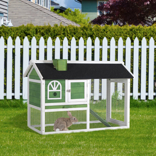 PawHut Rabbit Hutch, Guinea Pig Hutch 2 Tiers Outdoor w/Tray & Ramp, Green