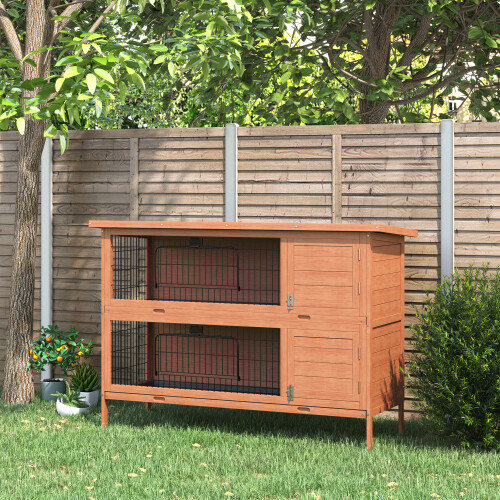 PawHut Rabbit Hutch, Guinea Pig Hutch with No-Leak Trays & Divider, Orange