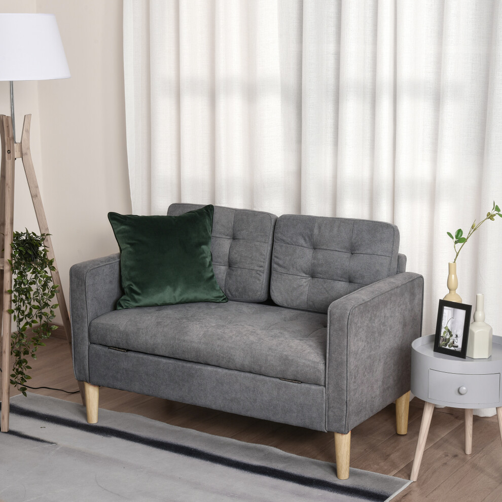 Homcom Compact 2 Seater Sofa With Hidden Storage And Rubberwood Legs Grey