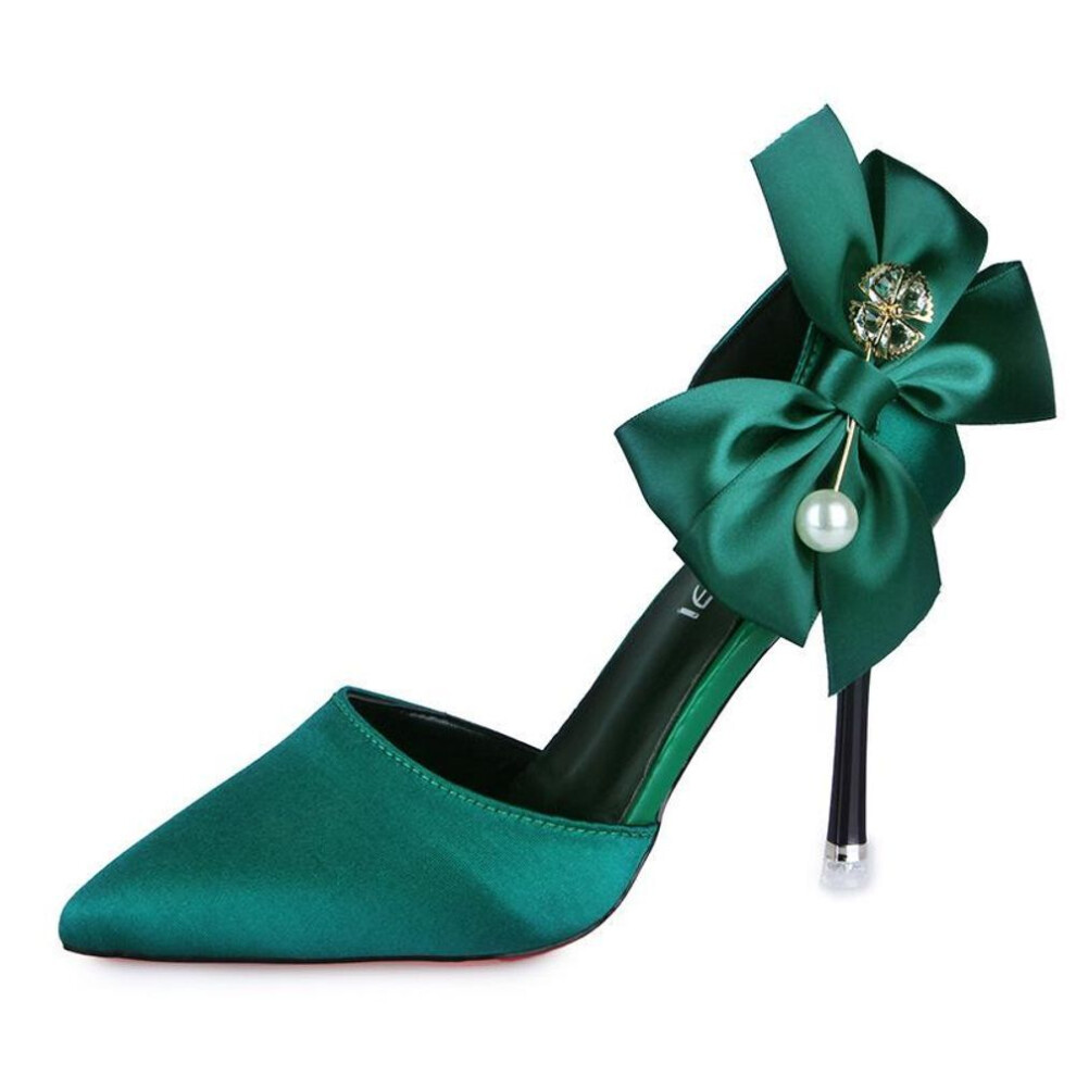 (green, 37) Women's Summer 2021 Red High-Heeled Sandals with Bow, Pearl, and Rhinestone Embellishments for Parties and Weddings