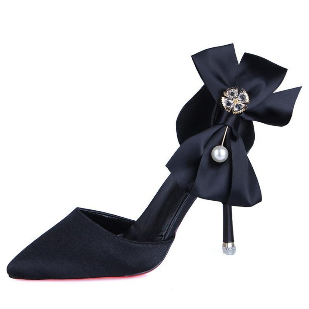 (black, 39) Women's Summer 2021 Red High-heeled Sandals With Bow, Pearl, And Rhinestone Embellishments For Parties And Weddings