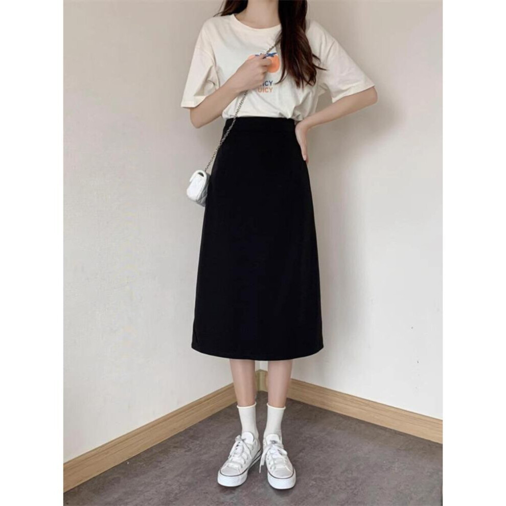 (black, XL) Women's High-Waist Back Slit A-Line Skirt - Korean Fashion, Slim Fit, Medium to Long Length