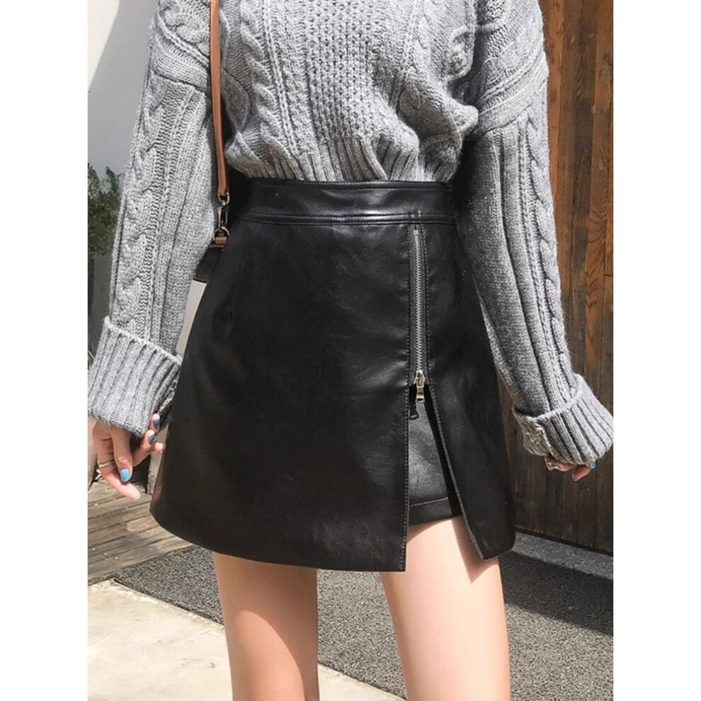 (black, Extra Small) "2023 Autumn/winter High Waist Pu Leather Slimming Skirt - Irregular Hip, Fashion Korean A-line