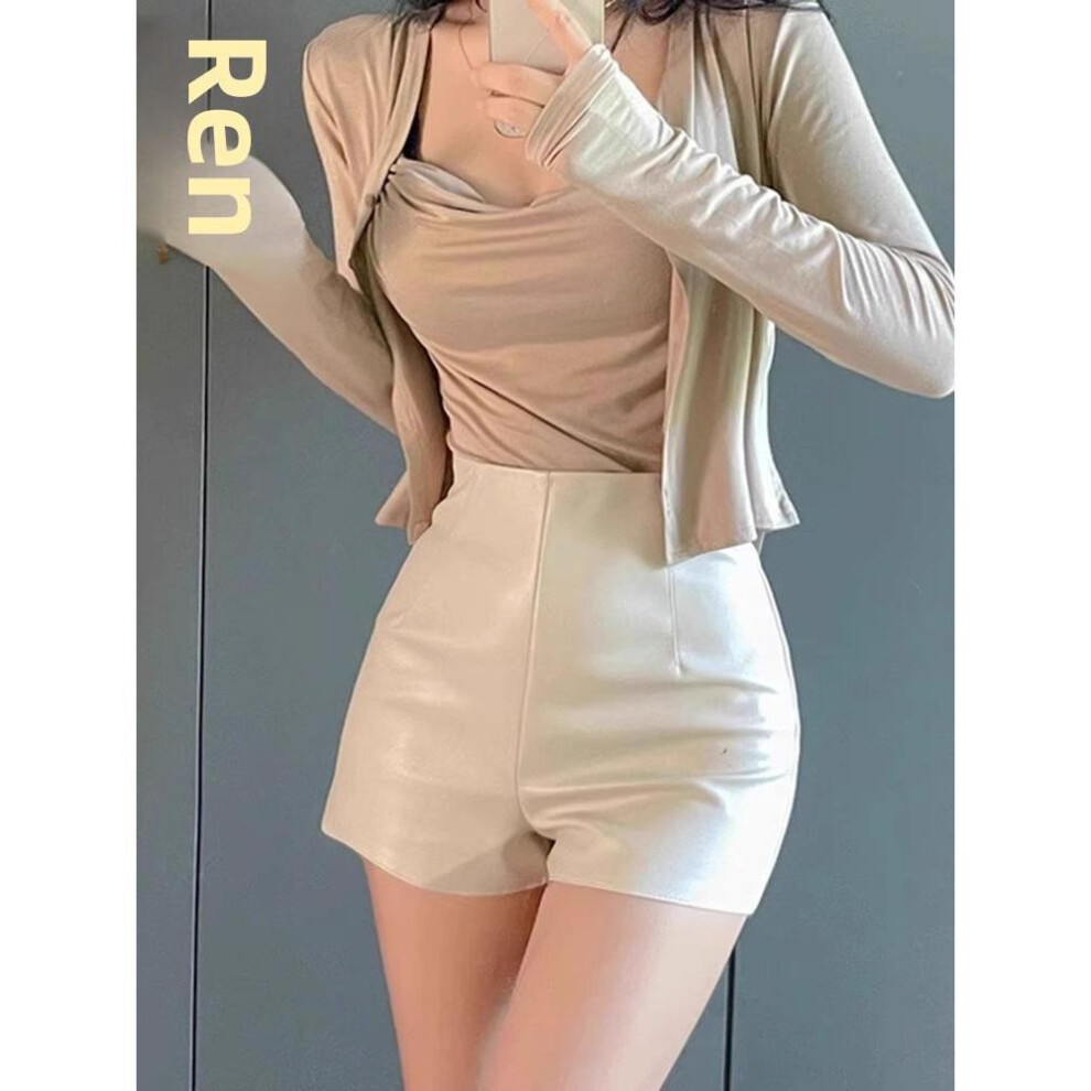(beige, 4XL) Women's 2023 Autumn/winter Slim Pu Leather A-line Shorts - Sexy Korean Style Hot Pants