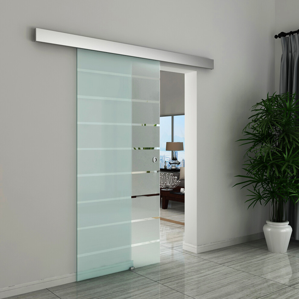 HOMCOM 90cm Sliding Glass Door Set Frosted Stripe w/ Handle Living Room Office