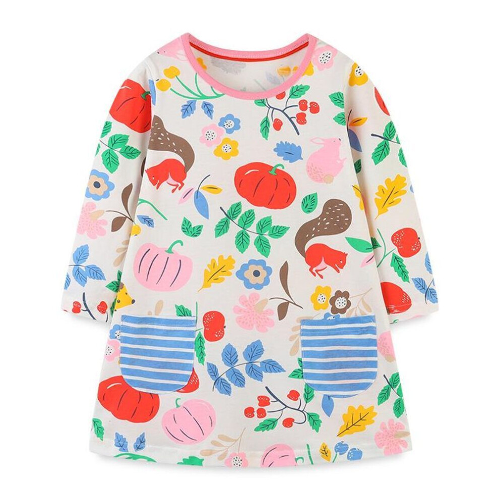(110cm) "Girls' Cartoon Round-Neck Long-Sleeve Cotton Dress - European & American Style, Autumn Collection