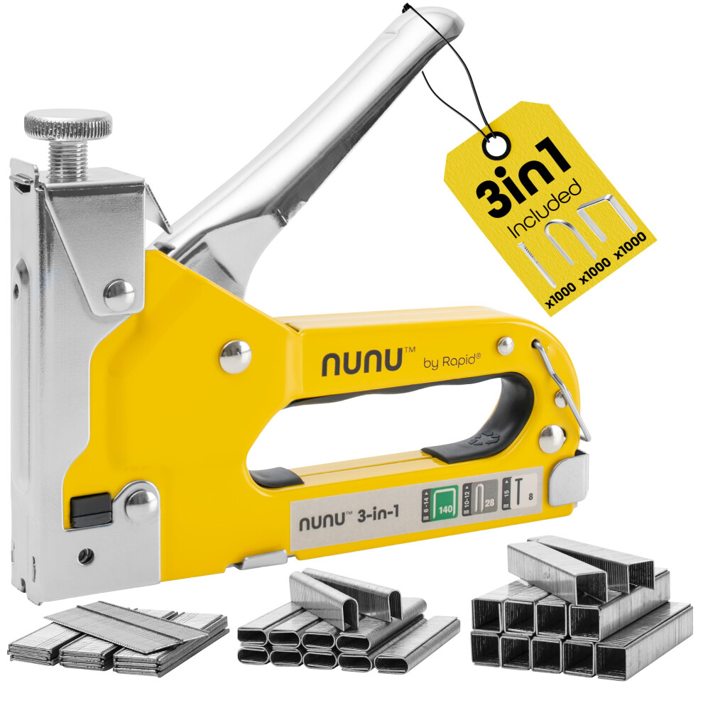 NUNU Staple Gun 3-in-1 Heavy Duty Staple Gun for Wood, Wall Stapler, DIY Upholstery Staple Gun, Carpet Stapler Cable Stapler Adjustable Power and