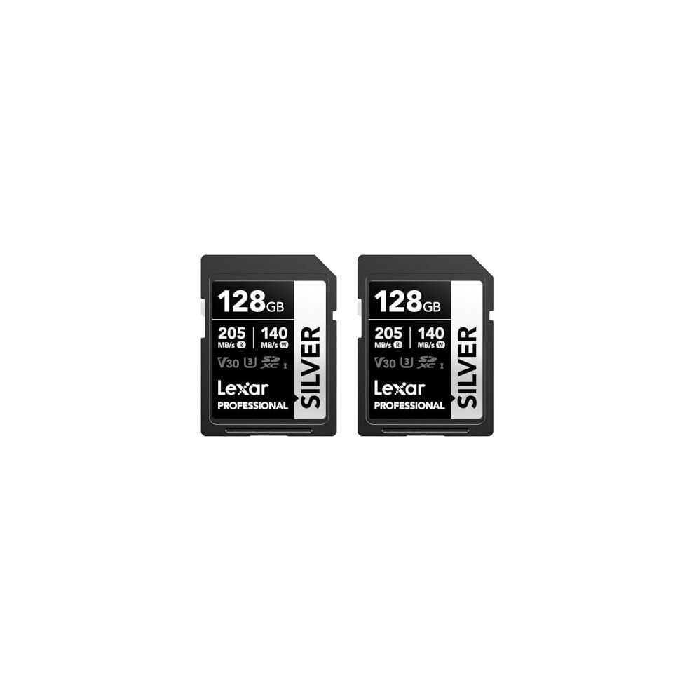 Professional SILVER SD Card 128GB 2-Pack, Up to 205MB/s Read, 140MB/s Write, SDXC UHS-I Memory Card, Class 10, U3, V30, SD Card for Professional