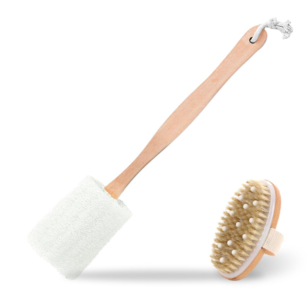 Db11 Loofah Sponge Back Scrubber Loofah Bath Brush For Effective Exfoliation, Long Wooden Handle Body Scrubber And Bath Body Brush With Gentle Massage
