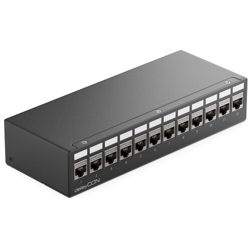 12 Port Patch Panel Set Patch Field Distribution Panel 1HE + 4x RJ45 Keystone Jack Modules STP CAT6a Compatible with CAT5 CAT6 CAT7 Installation Cable 1