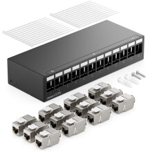 12 Port Patch Panel Set Patch Field Distribution Panel 1HE + 4x RJ45 Keystone Jack Modules STP CAT6a Compatible with CAT5 CAT6 CAT7 Installation Cable