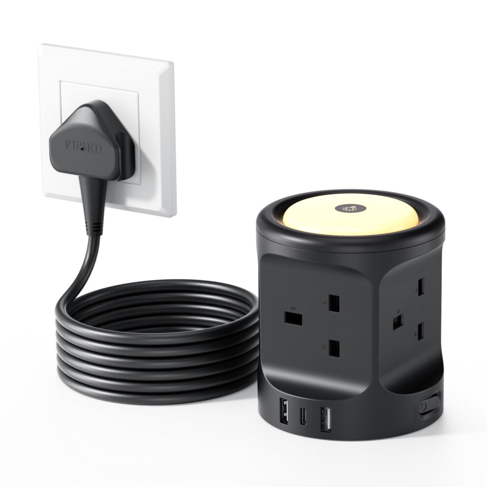 Extension Lead with 3 USB Slots and Night Light, 4 Way (13A/3250W) Multi Plug Extension Cords, 3M Extension Cable with Switches, UK Power Strip Surge