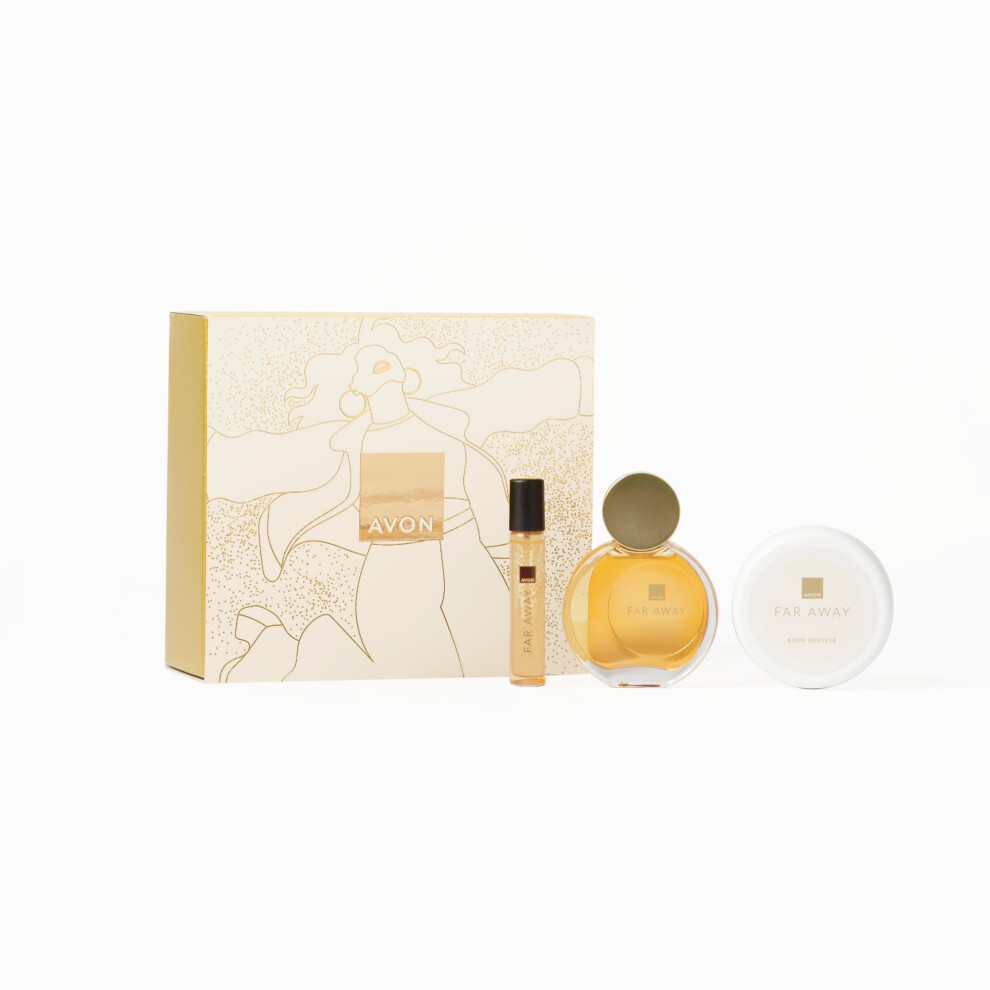 Far Away Original for Her Three Piece Gift Set with Eau de Parfum 50ml, Body Souffle 75ml and Purse Spray 10ml in a Gift Box, Oriental and Floral