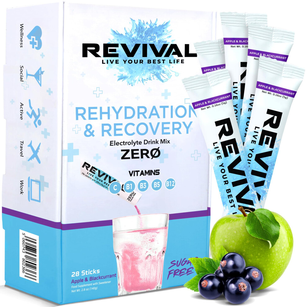 Revival Shots Revival Zero Rehydration Electrolytes Powder - Sugar Free Hydration Sachet Drink With Vitamins C, B1, B3, B5, B12-14 Pack Apple & Blackcurrant