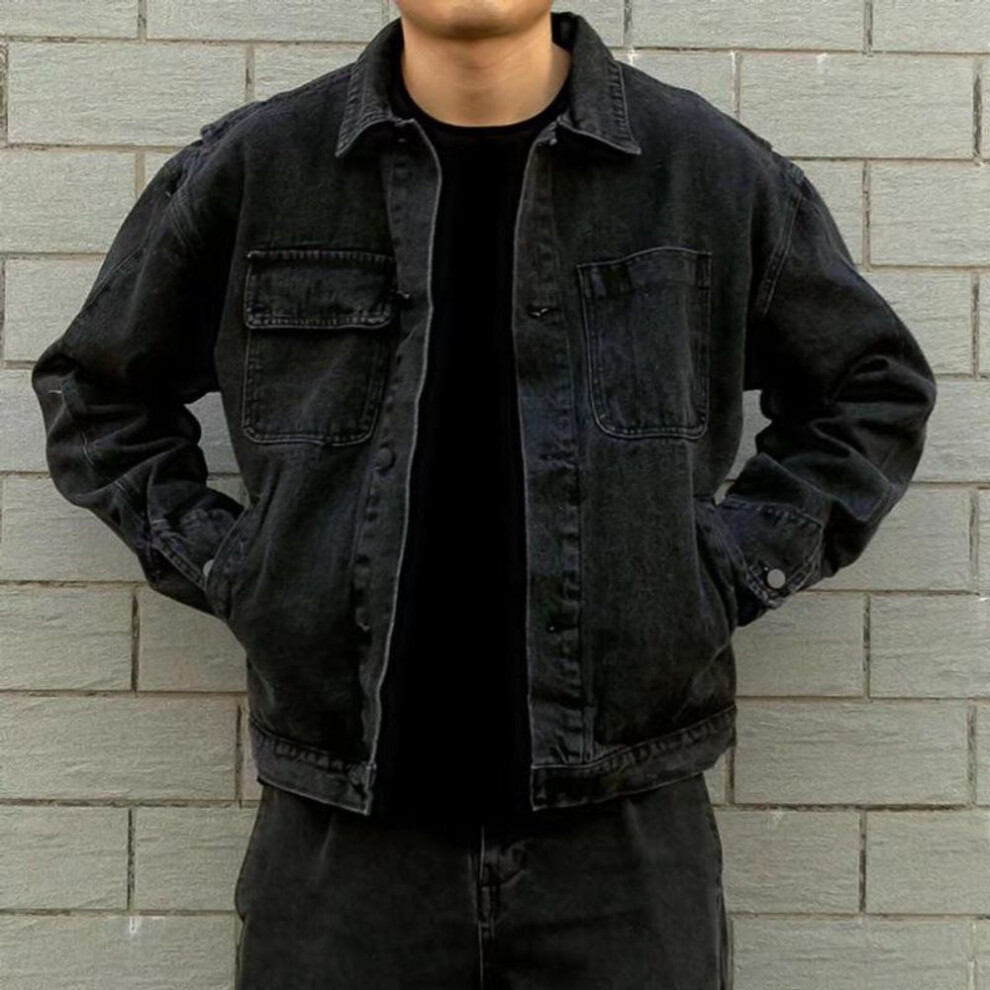 (black gray, L) Men's Casual Denim Jacket - Loose Fit, Versatile and Trendy for Spring and Autumn
