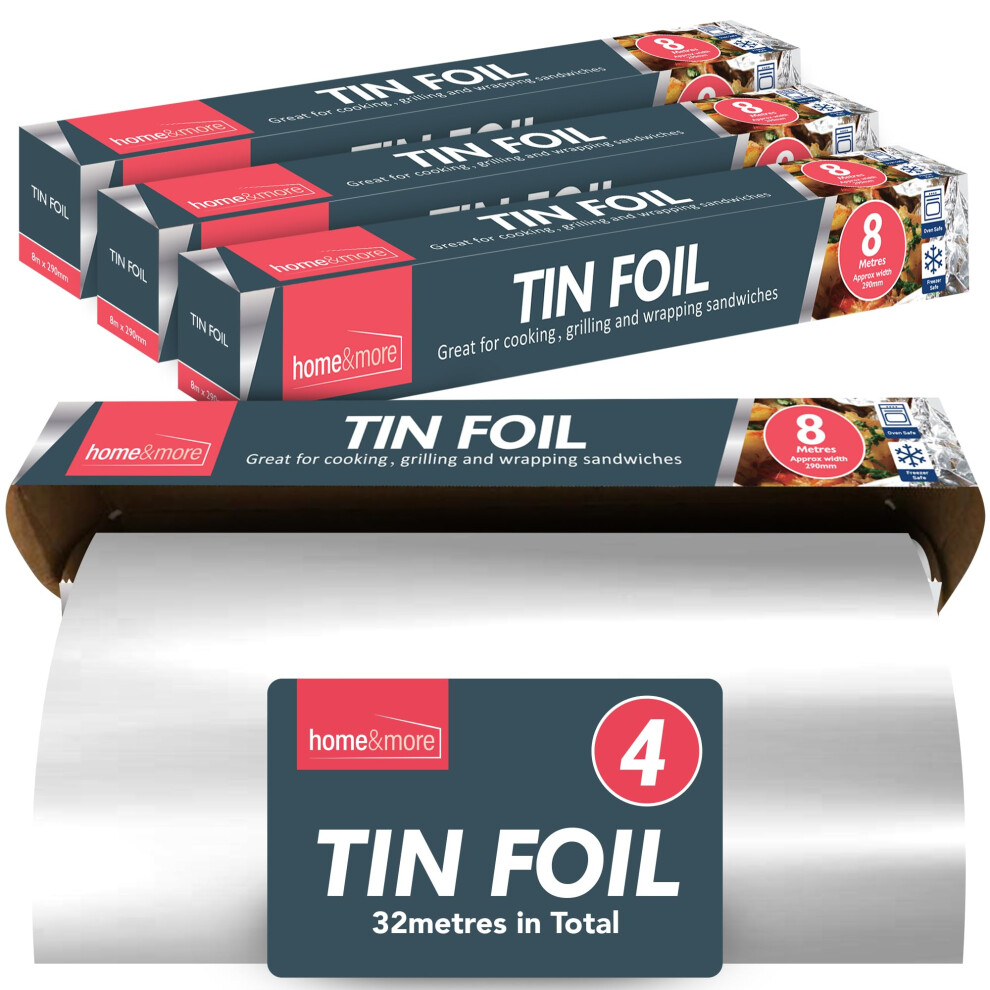 4pk Tin Foil 32m in Total - 8m x 29cm Large Size - Non-Stick Tin Foil for Wrapping, Grilling, BBQ & Baking – Heavy-Duty Silver Cooking Foil with