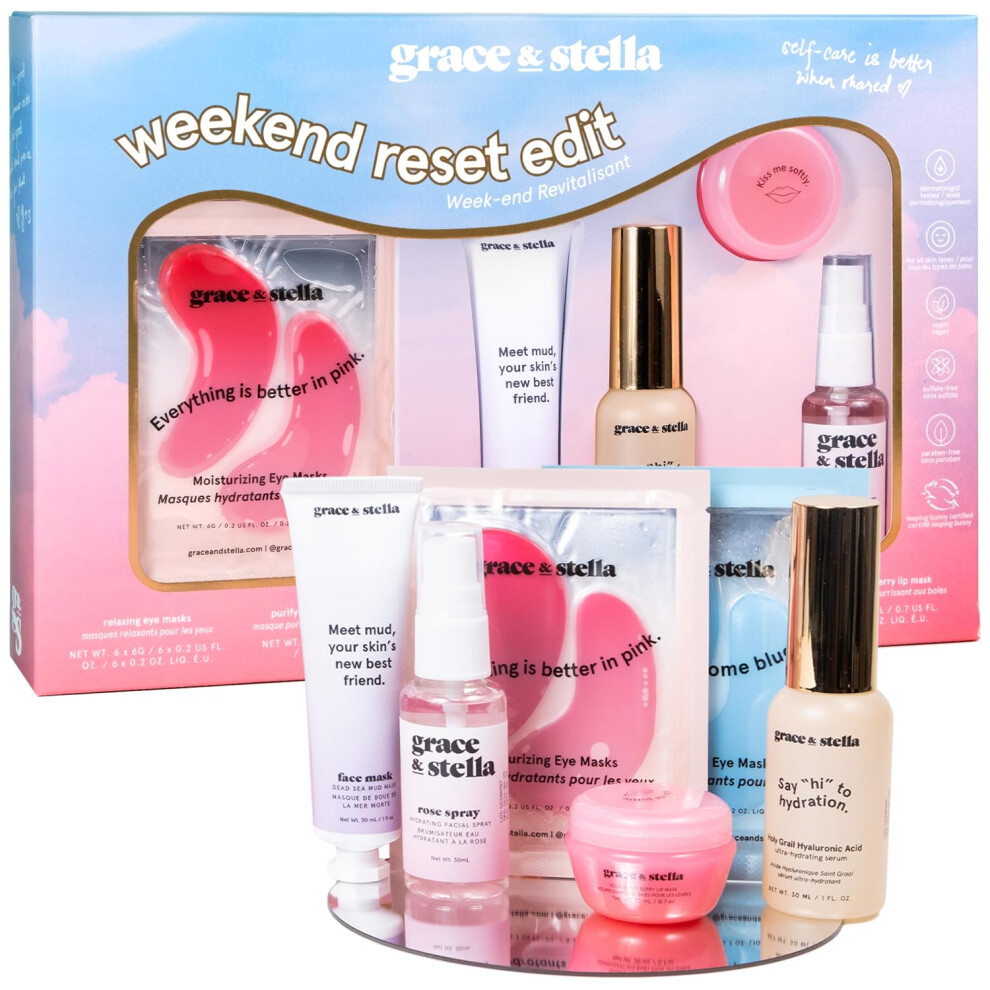 Grace & Stella Weekend Reset Gift Set For Women - Under Eye Masks, Hyaluronic Acid Serum, Mud Mask & More - Vegan Cruelty Set